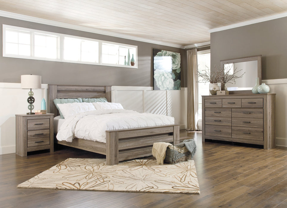 Zelen Queen Panel Bed with Mirrored Dresser and Nightstand Huntsville Furniture Outlet