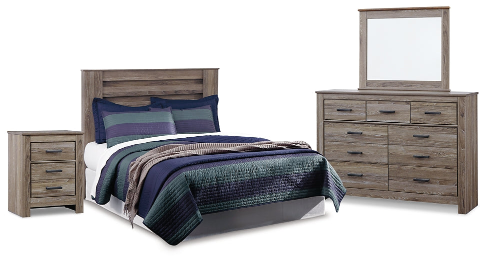 Zelen Queen Panel Headboard with Mirrored Dresser and Nightstand Huntsville Furniture Outlet