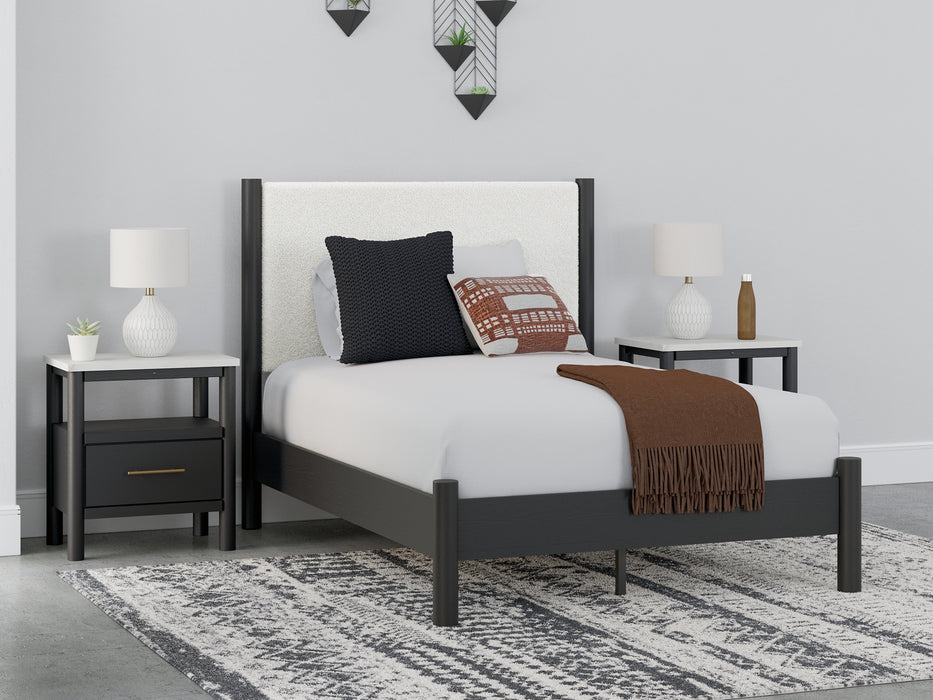 Cadmori Full Upholstered Panel Bed with Mirrored Dresser and 2 Nightstands