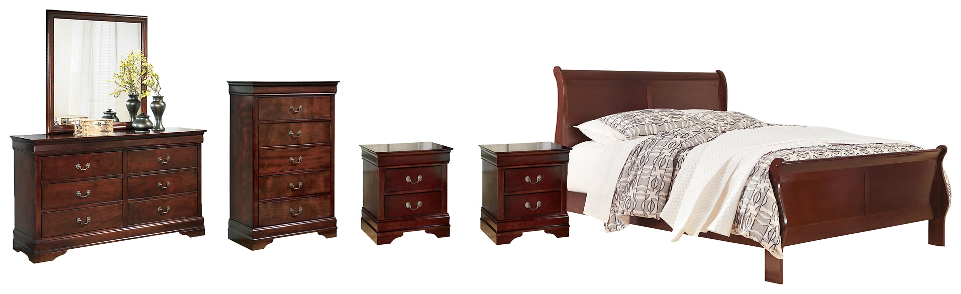 Alisdair California King Sleigh Bed with Mirrored Dresser, Chest and 2 Nightstands Huntsville Furniture Outlet