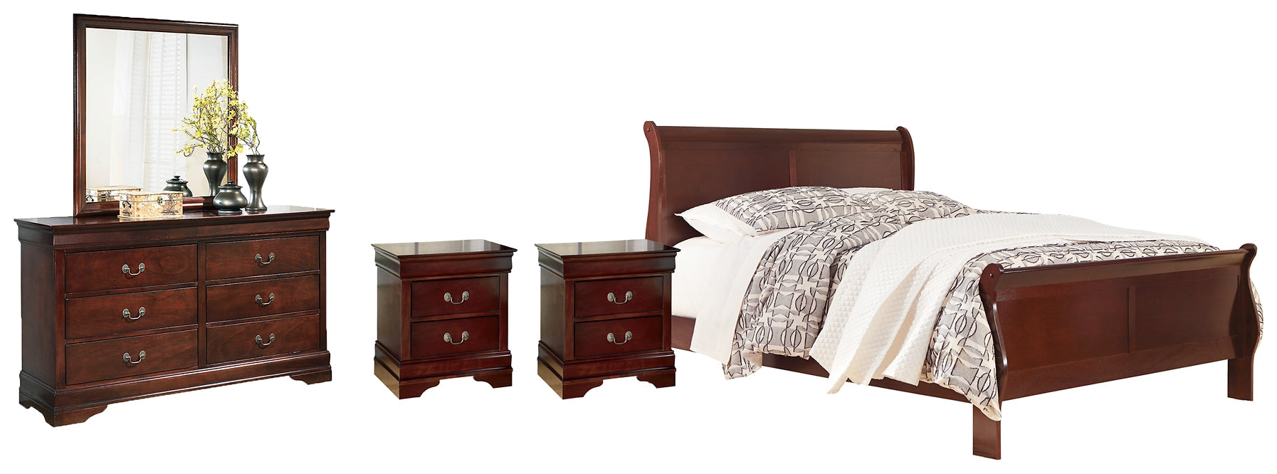 Alisdair Queen Sleigh Bed with Mirrored Dresser, Chest and 2 Nightstands Huntsville Furniture Outlet