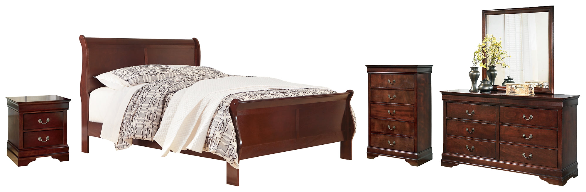 Alisdair Queen Sleigh Bed with Mirrored Dresser, Chest and Nightstand Huntsville Furniture Outlet