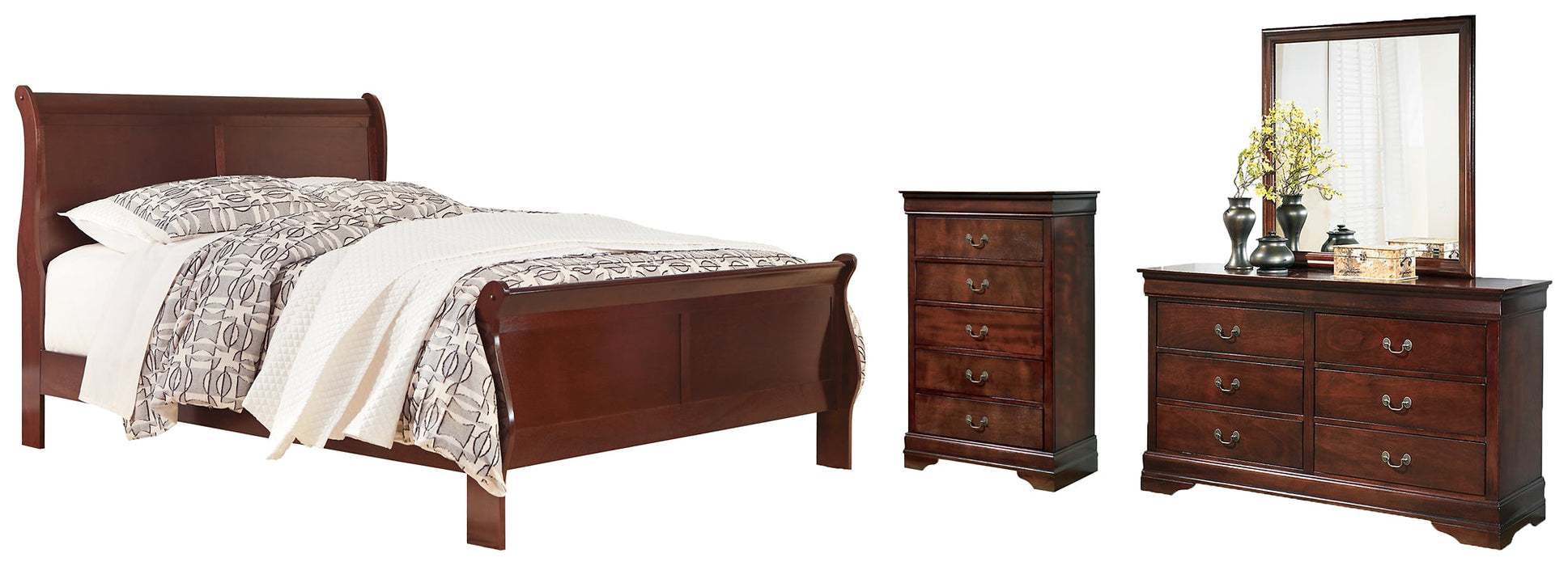 Alisdair Queen Sleigh Bed with Mirrored Dresser and Chest Huntsville Furniture Outlet