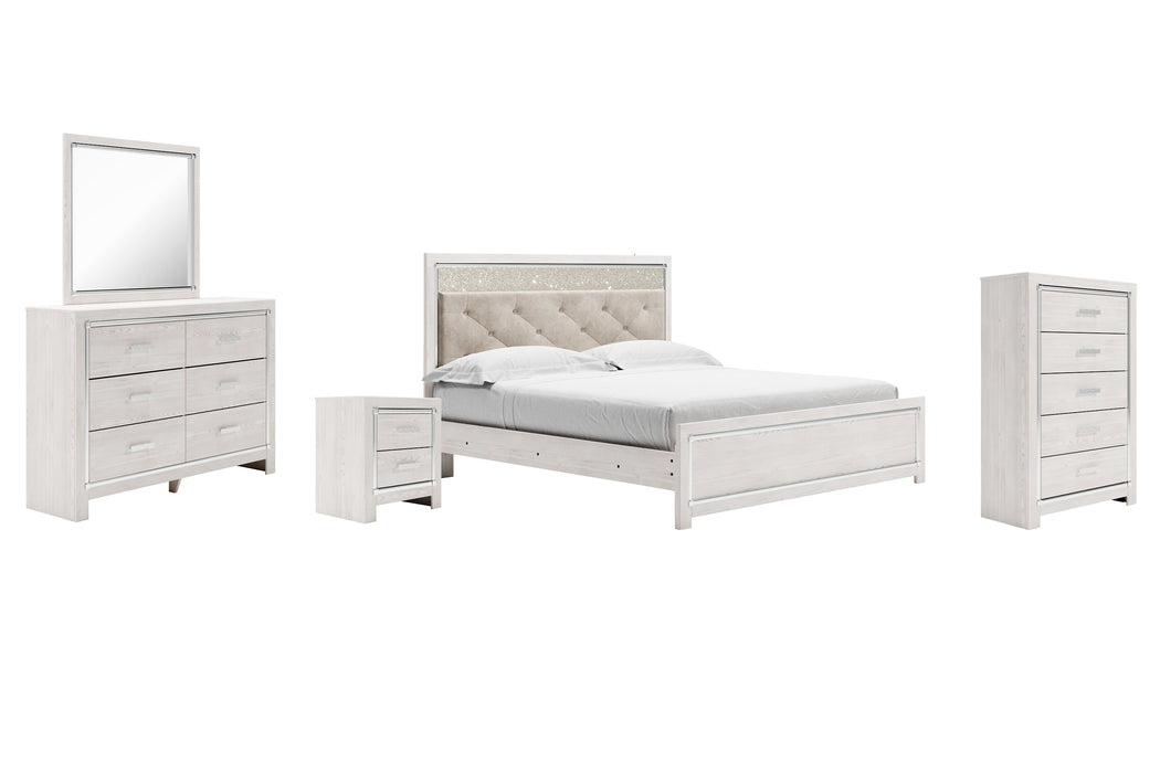 Altyra King Panel Bed with Mirrored Dresser, Chest and Nightstand Huntsville Furniture Outlet