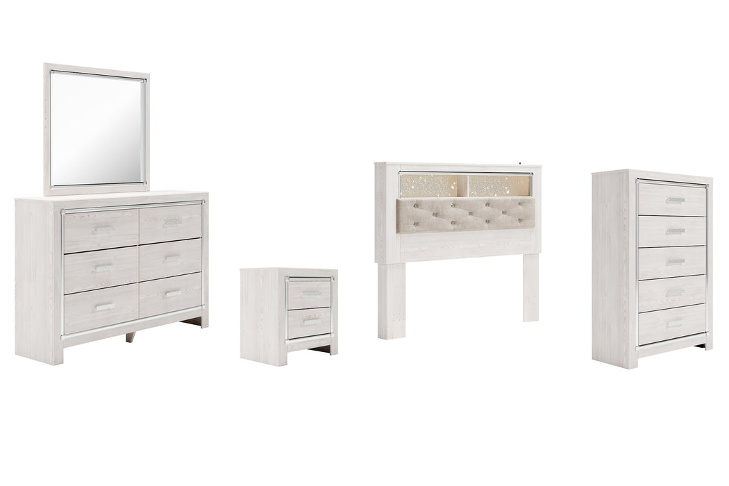 Altyra Queen Bookcase Headboard with Mirrored Dresser, Chest and Nightstand Huntsville Furniture Outlet