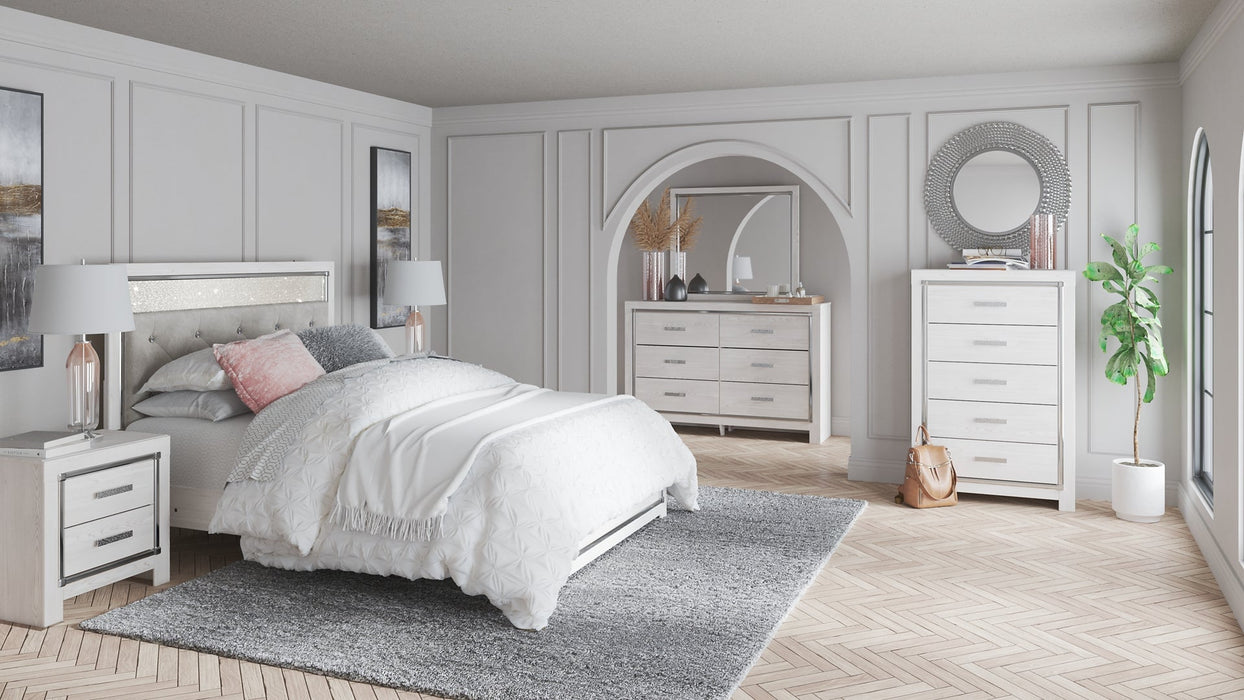 Altyra Queen Panel Bed with Mirrored Dresser, Chest and 2 Nightstands Huntsville Furniture Outlet