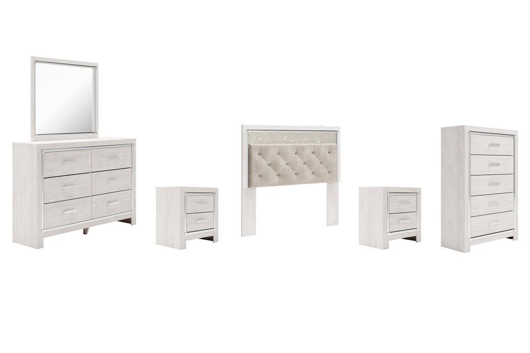 Altyra Queen Panel Headboard with Mirrored Dresser, Chest and 2 Nightstands Huntsville Furniture Outlet