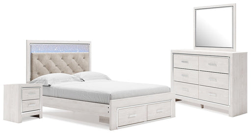 Altyra Queen Upholstered Storage Bed with Mirrored Dresser and Nightstand Huntsville Furniture Outlet