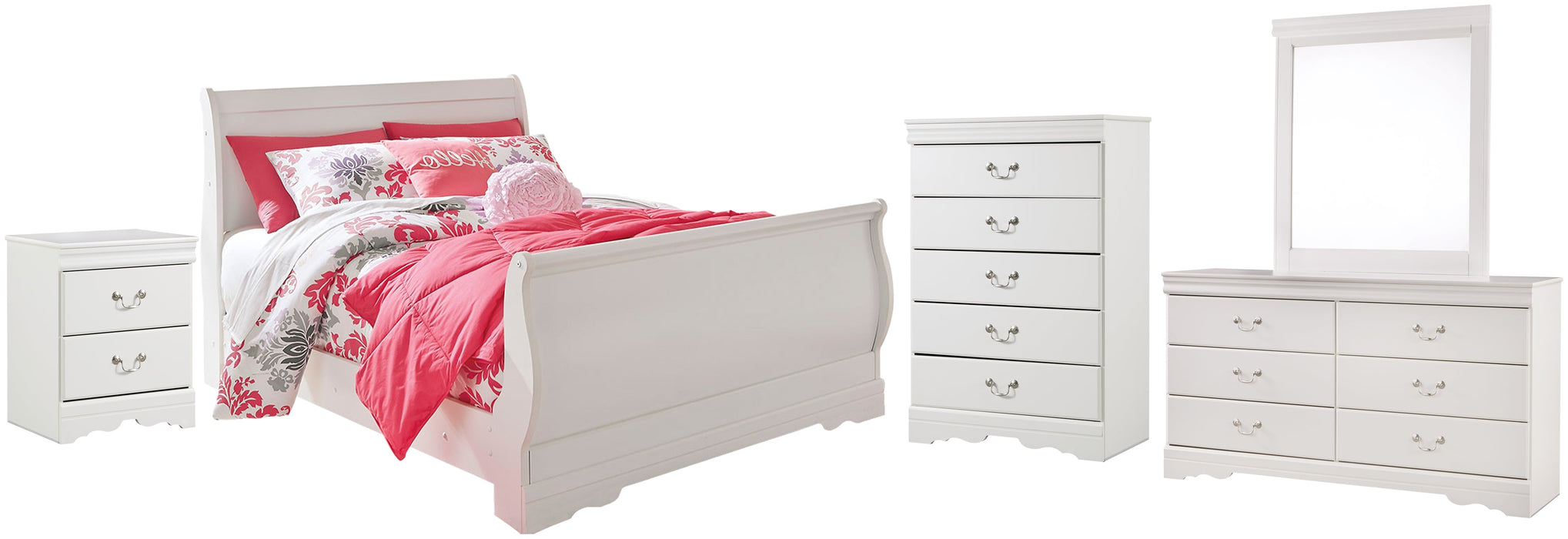 Anarasia Full Sleigh Bed with Mirrored Dresser, Chest and Nightstand Huntsville Furniture Outlet