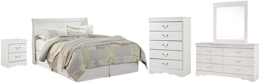 Anarasia Queen Sleigh Headboard with Mirrored Dresser, Chest and Nightstand Huntsville Furniture Outlet