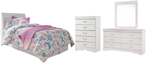 Anarasia Twin Sleigh Headboard with Mirrored Dresser and Chest Huntsville Furniture Outlet