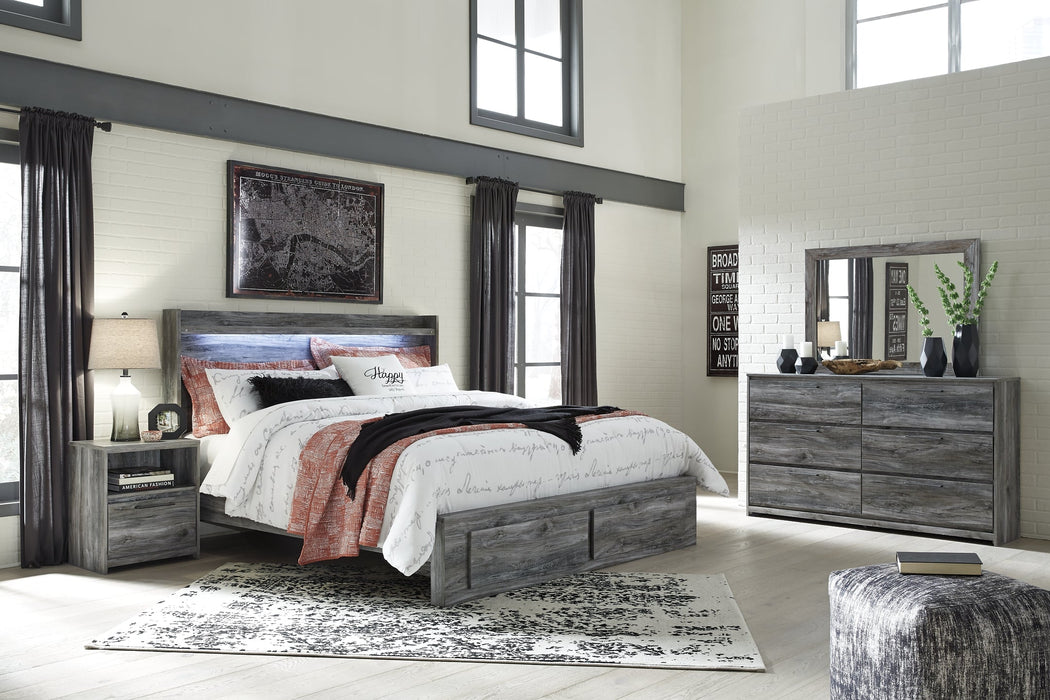 Baystorm King Panel Bed with 2 Storage Drawers with Mirrored Dresser, and Nightstand Huntsville Furniture Outlet