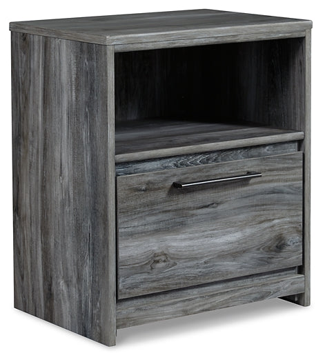 Baystorm King Panel Bed with 2 Storage Drawers with Mirrored Dresser, and Nightstand Huntsville Furniture Outlet