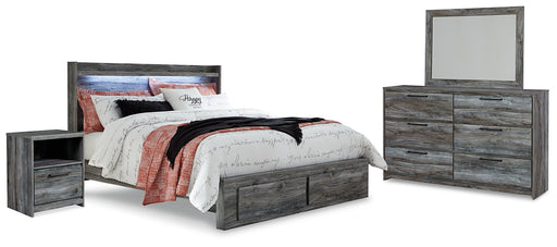 Baystorm King Panel Bed with 2 Storage Drawers with Mirrored Dresser, and Nightstand Huntsville Furniture Outlet