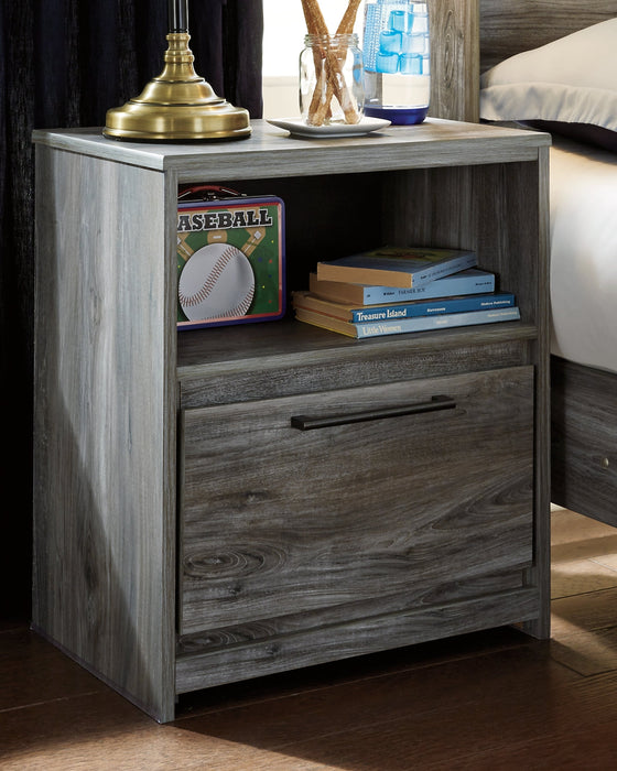 Baystorm King Panel Bed with 2 Storage Drawers with Mirrored Dresser, and Nightstand Huntsville Furniture Outlet