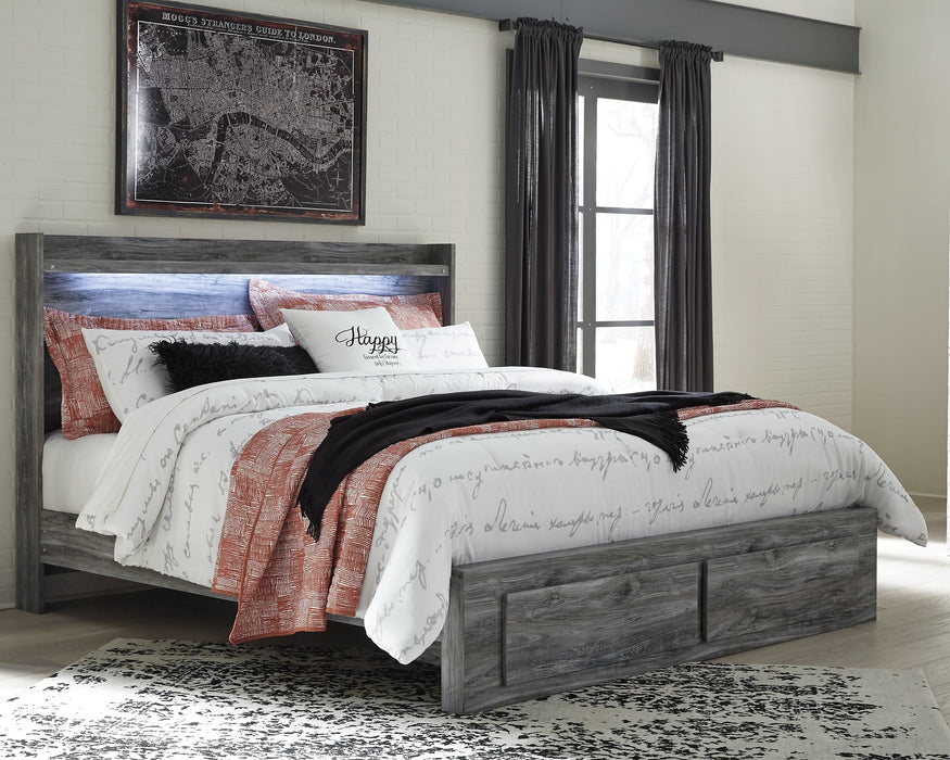 Baystorm King Panel Bed with 2 Storage Drawers with Mirrored Dresser, and Nightstand Huntsville Furniture Outlet