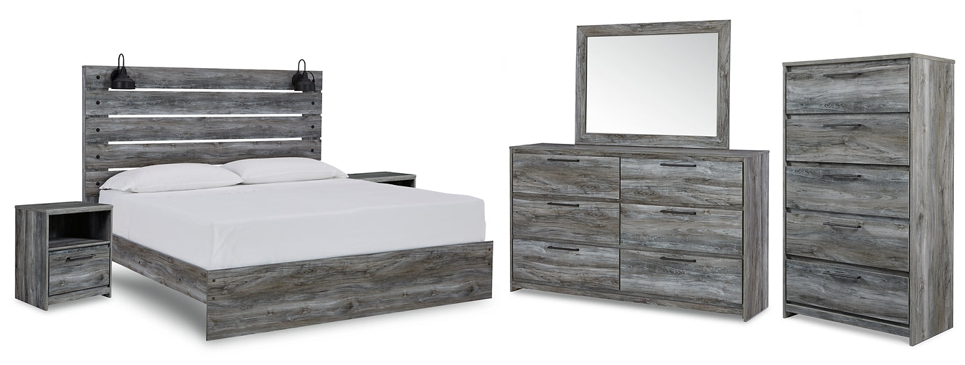 Baystorm King Panel Bed with Mirrored Dresser, Chest and 2 Nightstands Huntsville Furniture Outlet