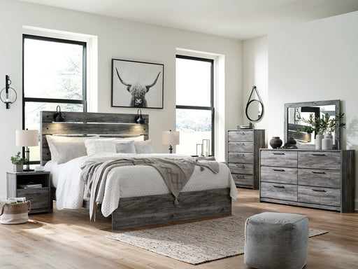 Baystorm King Panel Bed with Mirrored Dresser, Chest and 2 Nightstands Huntsville Furniture Outlet