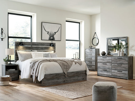 Baystorm King Panel Bed with Mirrored Dresser, Chest and Nightstand Huntsville Furniture Outlet