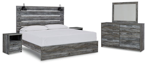 Baystorm King Panel Bed with Mirrored Dresser and 2 Nightstands Huntsville Furniture Outlet