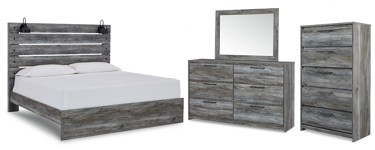 Baystorm King Panel Bed with Mirrored Dresser and Chest Huntsville Furniture Outlet