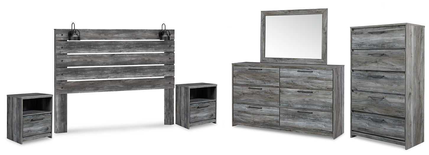 Baystorm King Panel Headboard with Mirrored Dresser, Chest and 2 Nightstands Huntsville Furniture Outlet