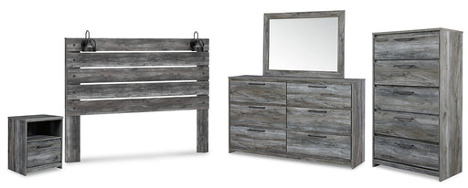 Baystorm King Panel Headboard with Mirrored Dresser, Chest and Nightstand Huntsville Furniture Outlet