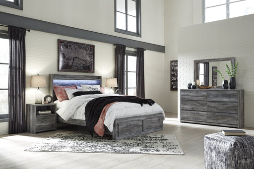 Baystorm Queen Panel Bed with 2 Storage Drawers with Mirrored Dresser and Nightstand Huntsville Furniture Outlet