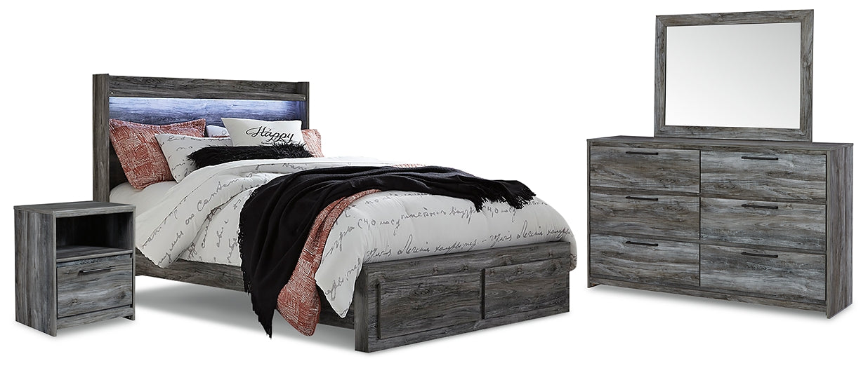 Baystorm Queen Panel Bed with 2 Storage Drawers with Mirrored Dresser and Nightstand Huntsville Furniture Outlet