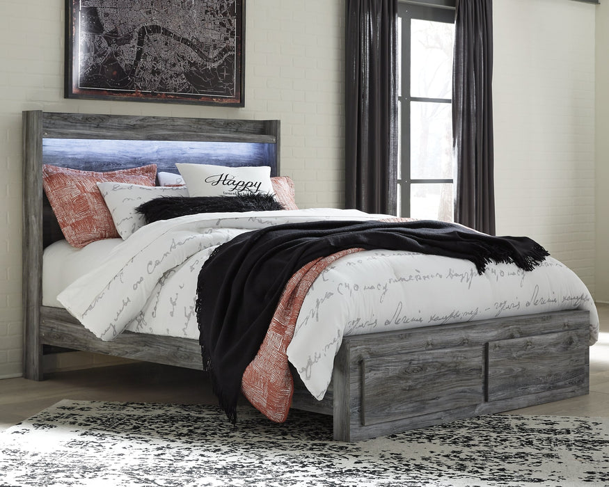 Baystorm Queen Panel Bed with 2 Storage Drawers with Mirrored Dresser and Nightstand Huntsville Furniture Outlet