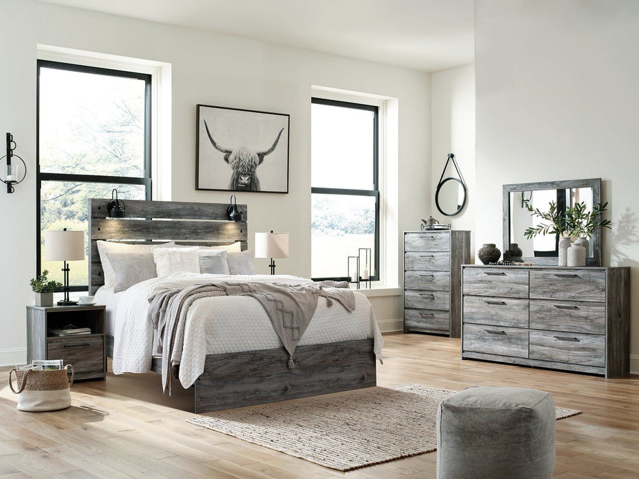 Baystorm Queen Panel Bed with Mirrored Dresser, Chest and 2 Nightstands Huntsville Furniture Outlet