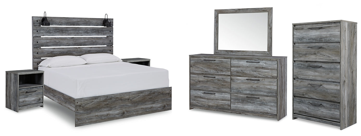 Baystorm Queen Panel Bed with Mirrored Dresser, Chest and 2 Nightstands Huntsville Furniture Outlet