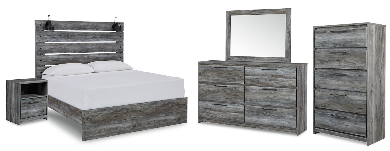 Baystorm Queen Panel Bed with Mirrored Dresser, Chest and Nightstand Huntsville Furniture Outlet