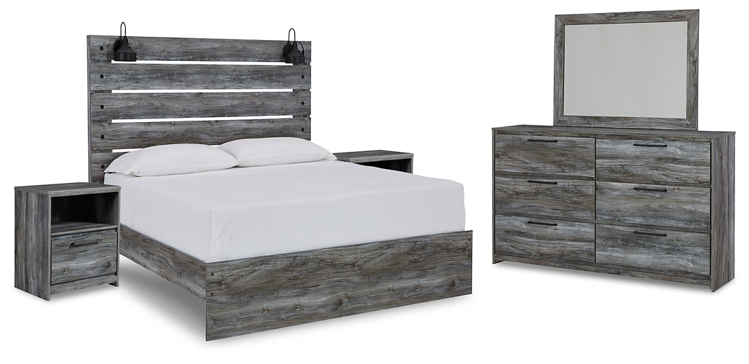 Baystorm Queen Panel Bed with Mirrored Dresser and 2 Nightstands Huntsville Furniture Outlet