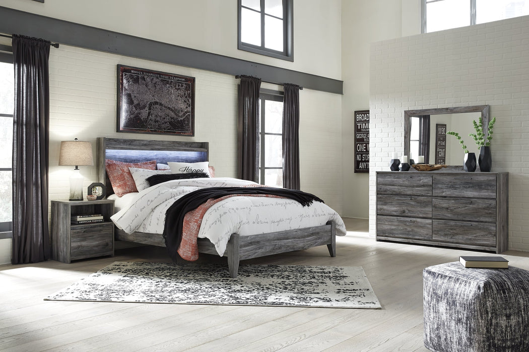 Baystorm Queen Panel Bed with Mirrored Dresser and Nightstand Huntsville Furniture Outlet