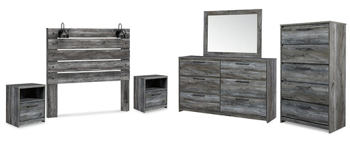 Baystorm Queen Panel Headboard with Mirrored Dresser, Chest and 2 Nightstands Huntsville Furniture Outlet