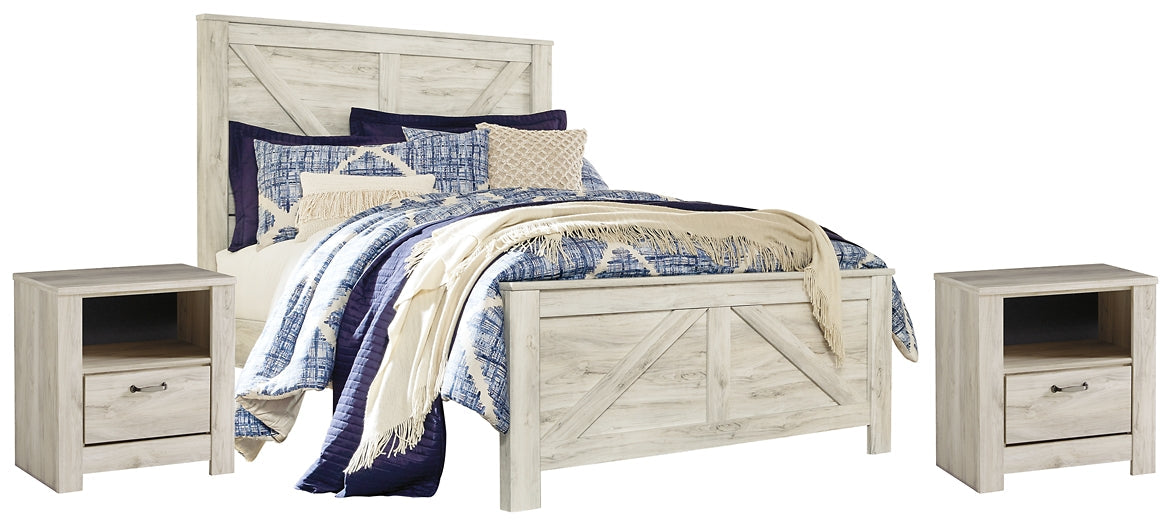 Bellaby Queen Crossbuck Panel Bed with 2 Nightstands Huntsville Furniture Outlet