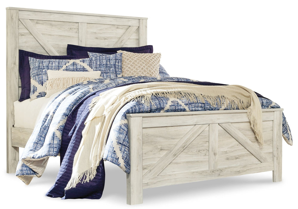 Bellaby Queen Crossbuck Panel Bed with Mirrored Dresser, Chest and 2 Nightstands Huntsville Furniture Outlet