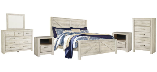 Bellaby Queen Crossbuck Panel Bed with Mirrored Dresser, Chest and 2 Nightstands Huntsville Furniture Outlet