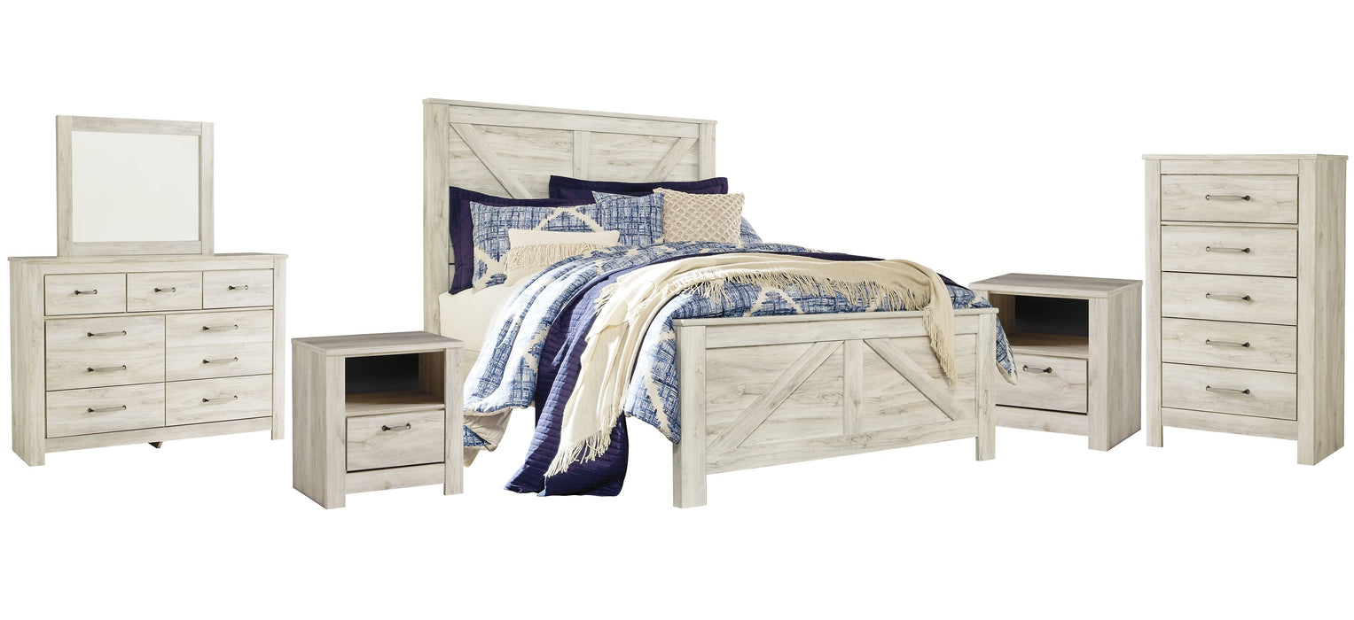 Bellaby Queen Crossbuck Panel Bed with Mirrored Dresser, Chest and 2 Nightstands Huntsville Furniture Outlet