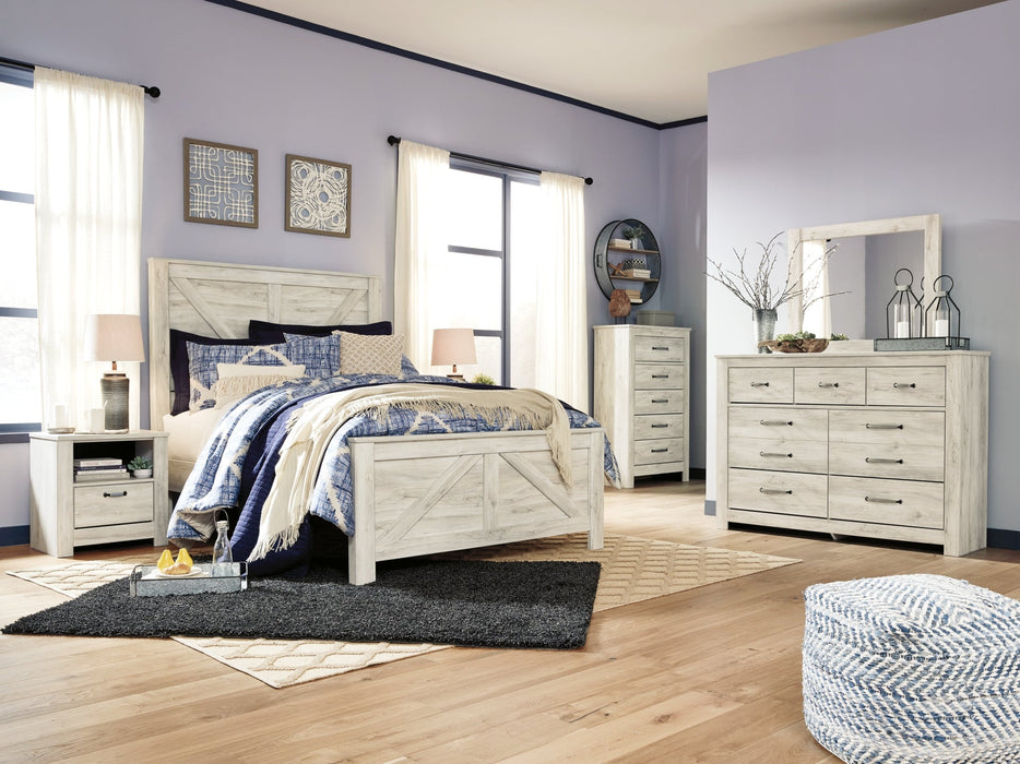 Bellaby Queen Crossbuck Panel Bed with Mirrored Dresser, Chest and Nightstand Huntsville Furniture Outlet