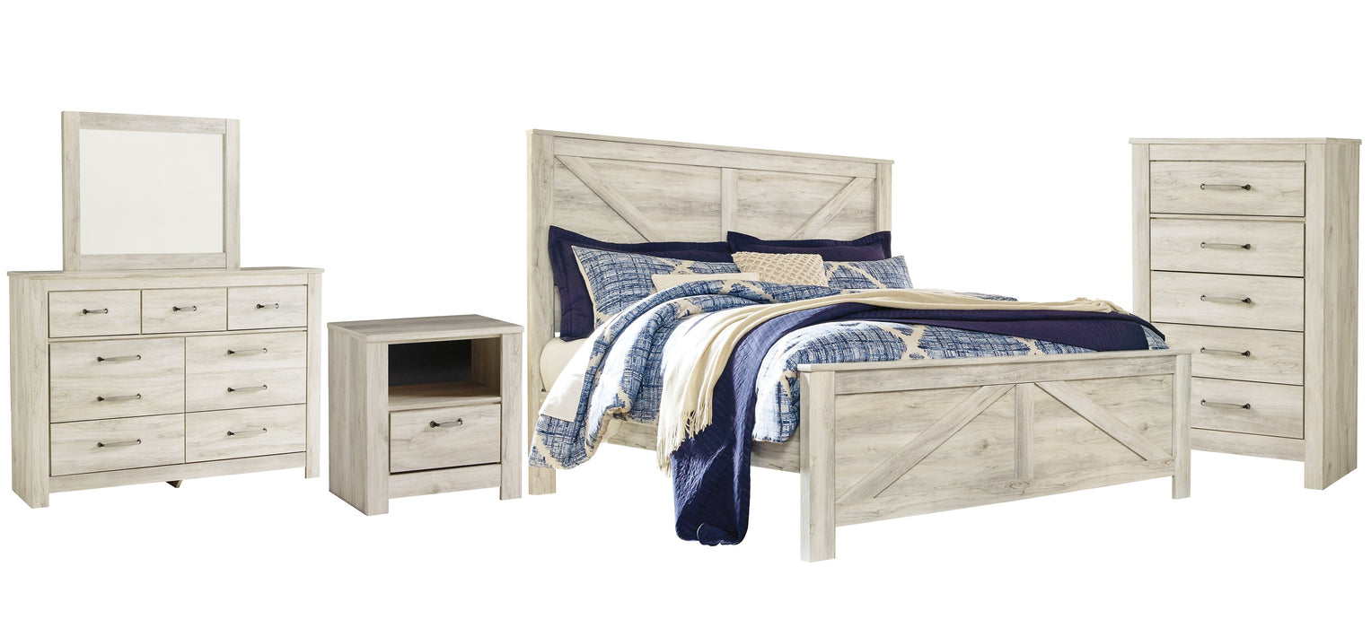 Bellaby Queen Crossbuck Panel Bed with Mirrored Dresser, Chest and Nightstand Huntsville Furniture Outlet