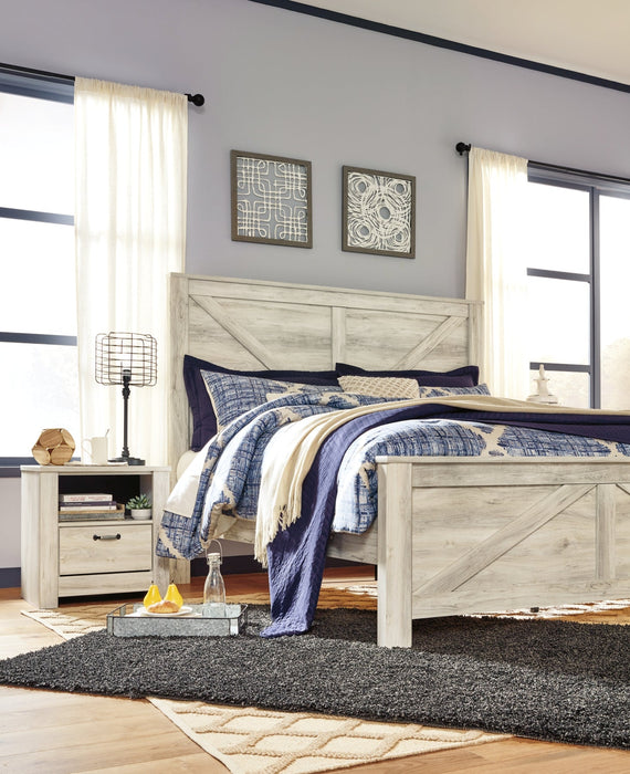 Bellaby Queen Crossbuck Panel Bed with Mirrored Dresser and 2 Nightstands Huntsville Furniture Outlet