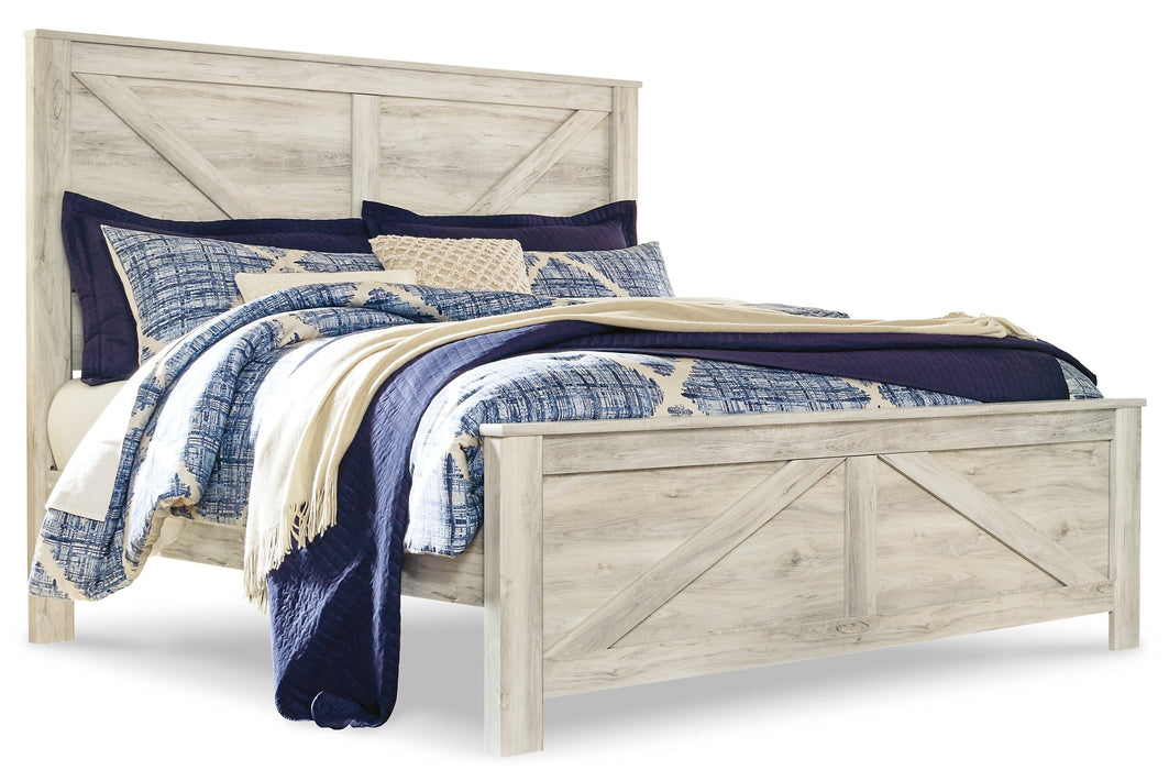 Bellaby Queen Crossbuck Panel Bed with Mirrored Dresser and 2 Nightstands Huntsville Furniture Outlet