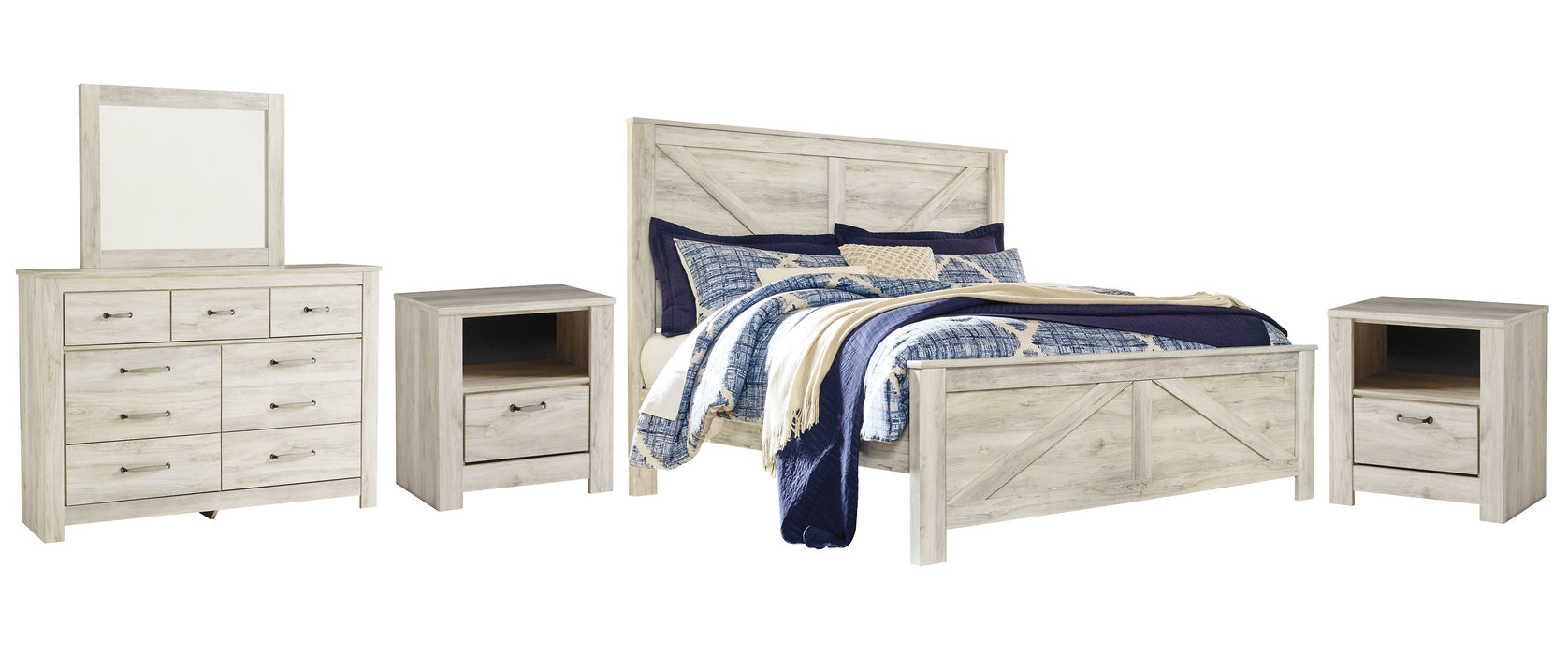 Bellaby Queen Crossbuck Panel Bed with Mirrored Dresser and 2 Nightstands Huntsville Furniture Outlet