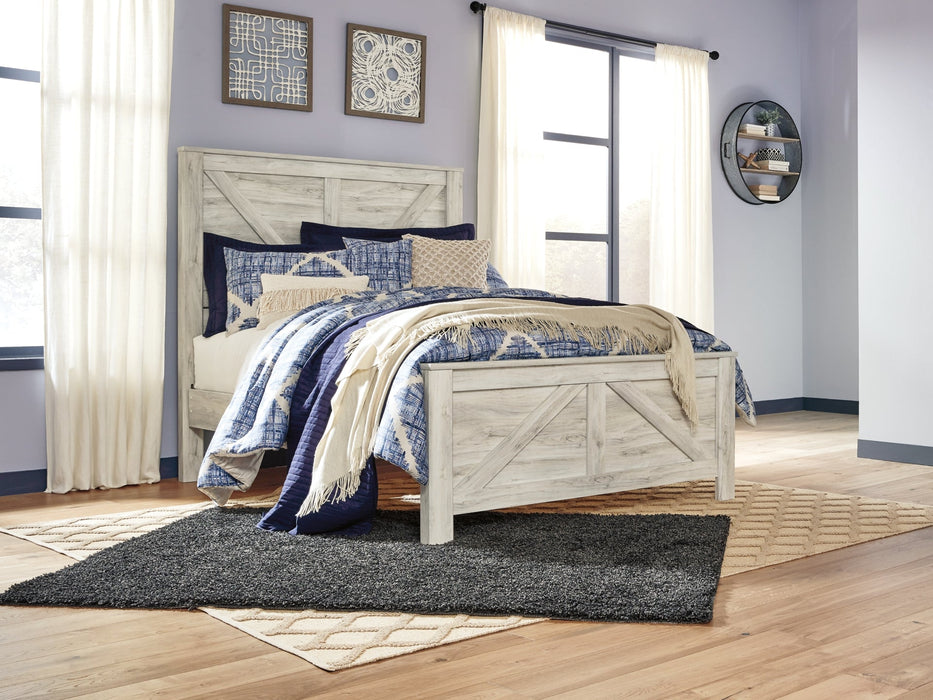 Bellaby Queen Crossbuck Panel Bed with Mirrored Dresser and 2 Nightstands Huntsville Furniture Outlet