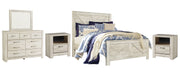 Bellaby Queen Crossbuck Panel Bed with Mirrored Dresser and 2 Nightstands Huntsville Furniture Outlet