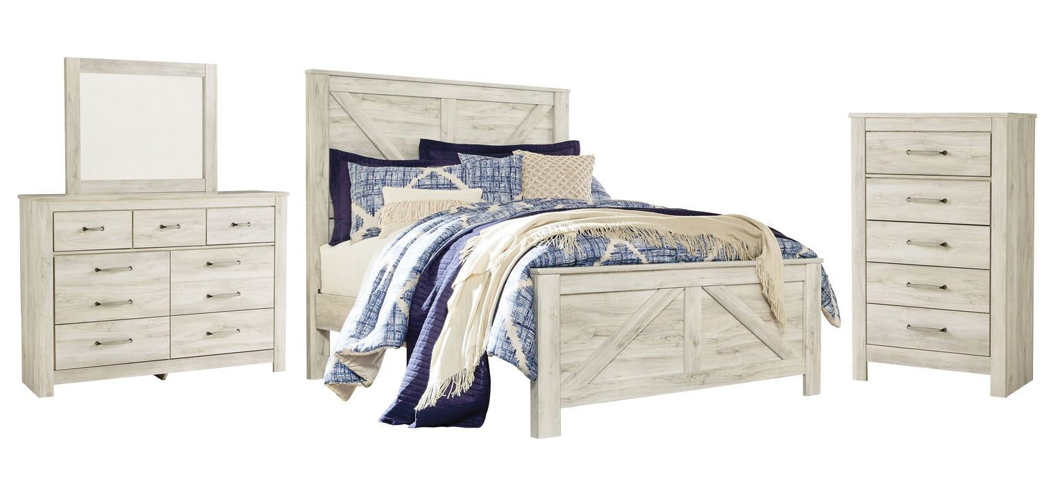 Bellaby Queen Crossbuck Panel Bed with Mirrored Dresser and Chest Huntsville Furniture Outlet