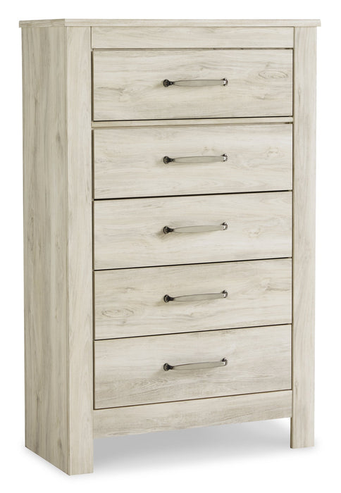 Bellaby Queen Crossbuck Panel Bed with Mirrored Dresser and Chest Huntsville Furniture Outlet