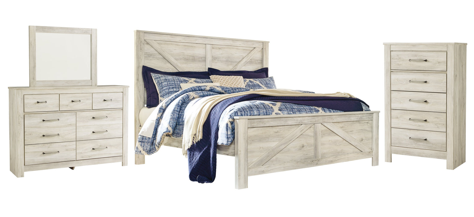 Bellaby Queen Crossbuck Panel Bed with Mirrored Dresser and Chest Huntsville Furniture Outlet